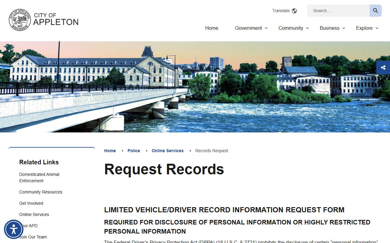 Appleton arrest records police request page