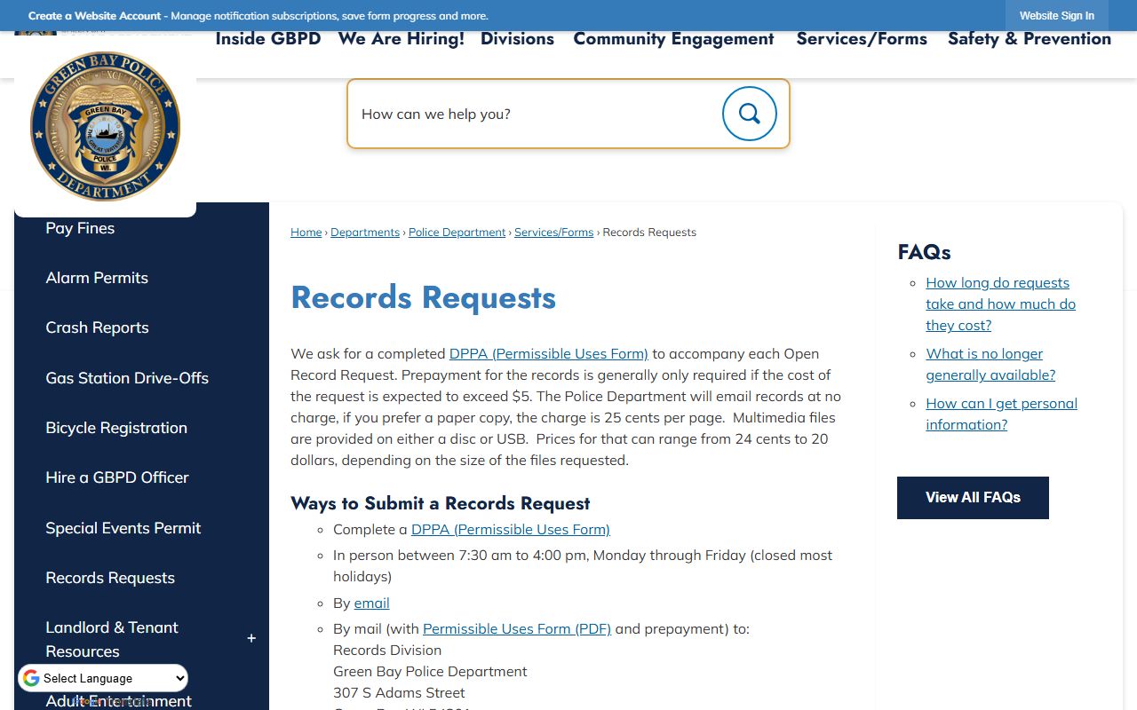 Green Bay arrest records records requests page