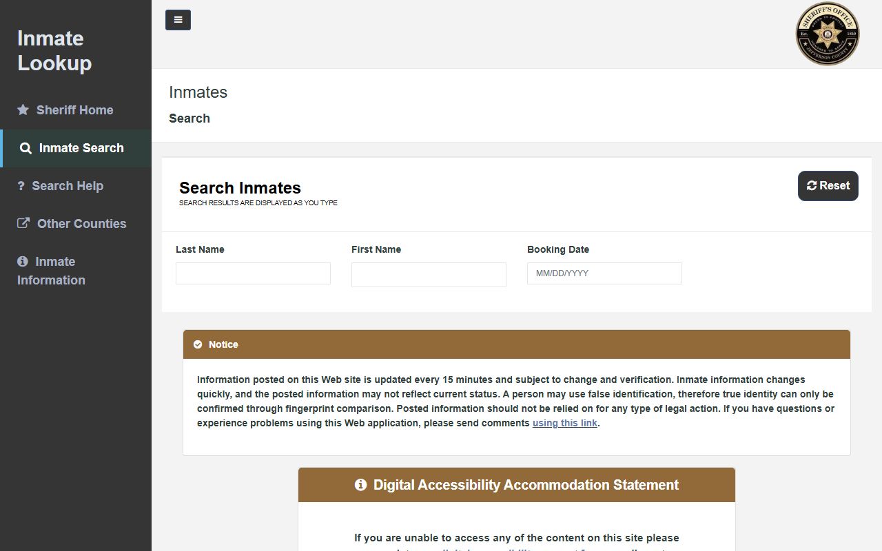 Jefferson County Arrest Records inmate lookup page