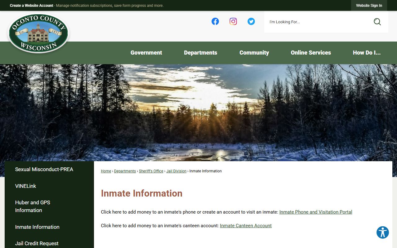 Oconto County arrest records inmate information page